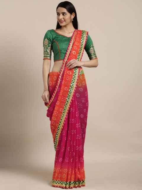 

Kvsfab Pink & Orange Poly Georgette Printed Bandhani Saree