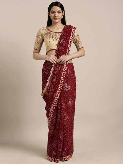 

Kvsfab Maroon & Gold Poly Georgette Printed Bandhani Saree