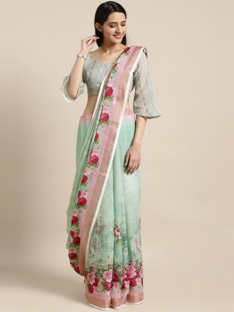 

Kvsfab Green Printed Linen Blend Saree