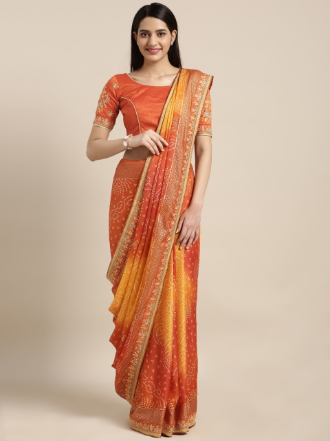 

Kvsfab Orange & Yellow Poly Georgette Printed Bandhani Saree