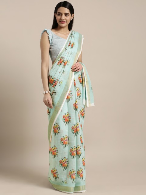 

Kvsfab Sea Green Printed Linen Blend Saree
