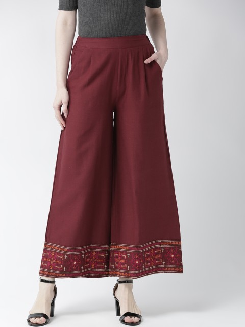 

RANGMAYEE Women Maroon Hem Design Cotton Wide Leg Palazzos