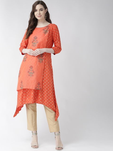 

RANGMAYEE Women Orange & Golden Printed Layered Asymmetric A-Line Kurta