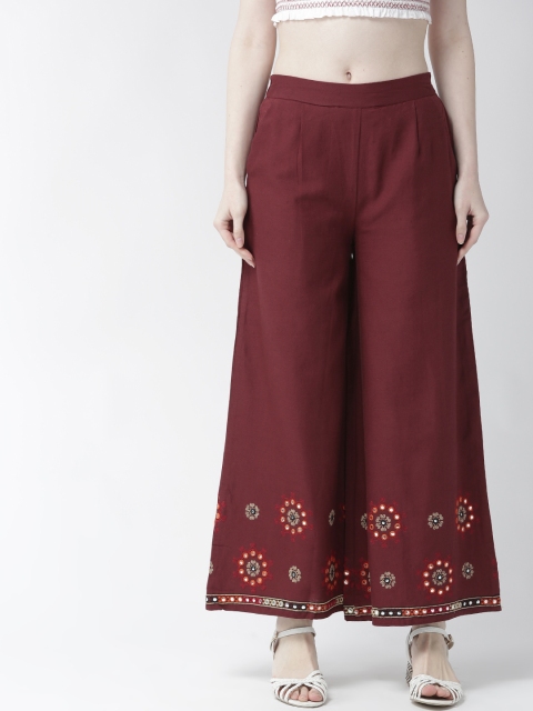 

RANGMAYEE Women Maroon Hem Design Cotton Wide Leg Palazzos