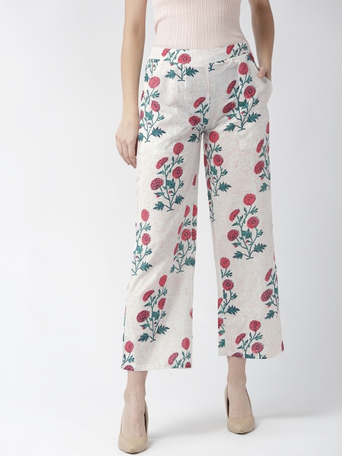 

RANGMAYEE Women Off-White & Pink Printed Cotton Straight Cropped Palazzos