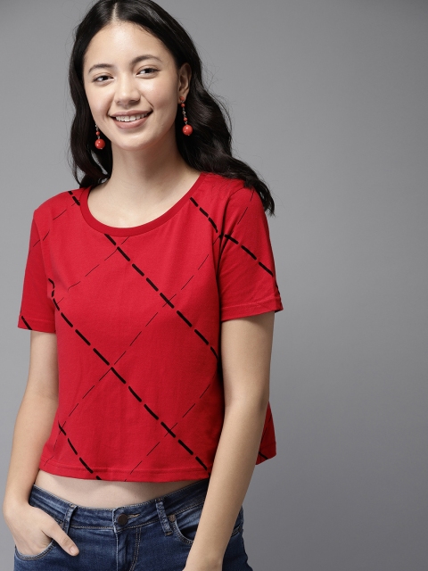 

HERE&NOW Women Red & Black Checked Round Neck Cropped T-shirt