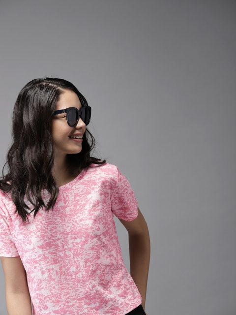 

HERE&NOW Women White & Pink Printed Round Neck T-shirt