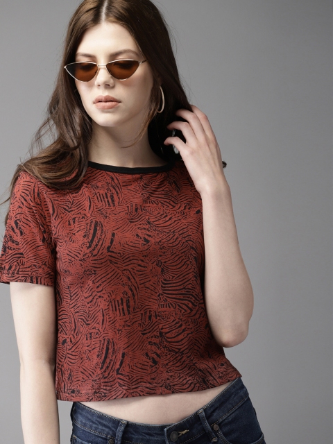 

Moda Rapido Women Brown Printed Round Neck T-shirt