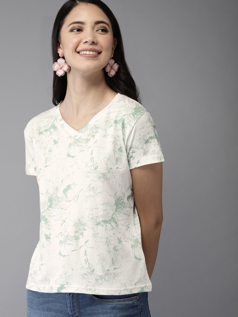

HERE&NOW Women White & Green Dyed Round Neck T-shirt
