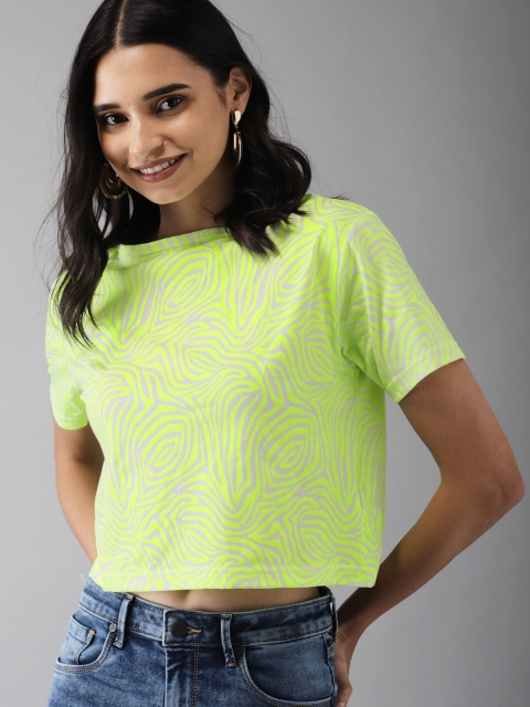 

Moda Rapido Women Fluorescent Green Printed Boat Neck T-shirt