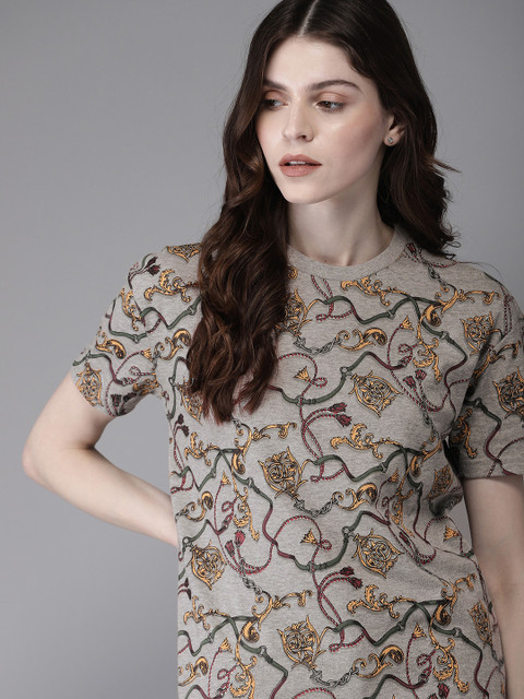

Moda Rapido Women Grey Melange & Red Printed Round Neck T-shirt