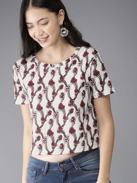 

HERE&NOW Women Off-White & Red Printed Round Neck T-shirt
