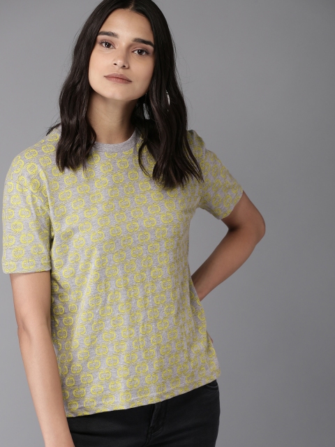

Moda Rapido Women Grey Melange & Yellow Printed Round Neck T-shirt