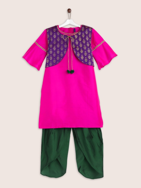 

YK Girls Pink Solid Kurta with Green Solid Dhoti Pants