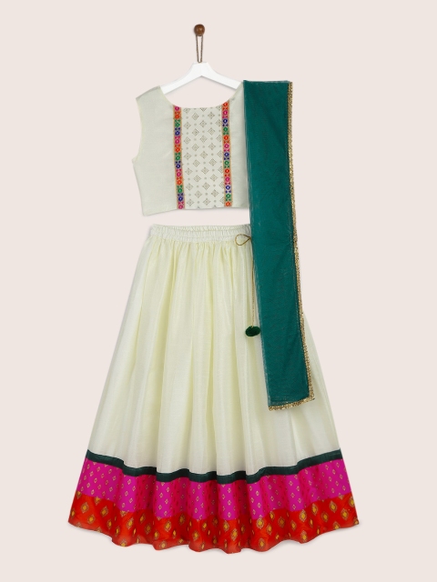 

YK Girls Off-White & Pink Woven Design Ready to Wear Lehenga & Blouse with Dupatta