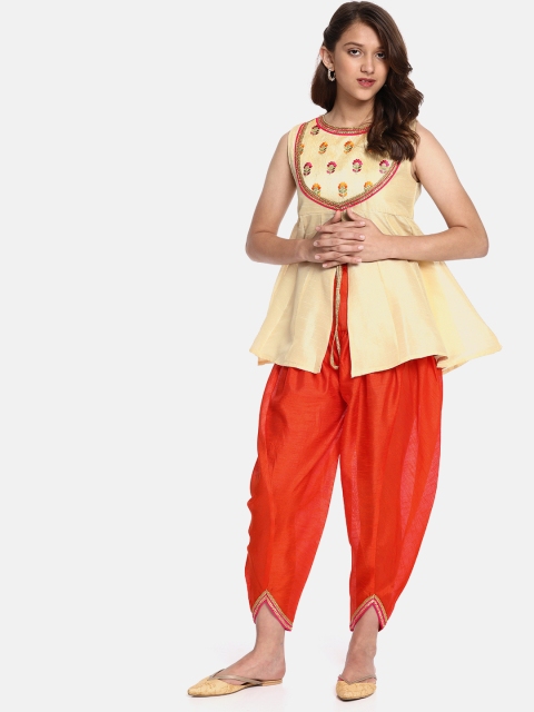 

YK Girls Cream-Coloured & Orange Yoke Design Kurti with Dhoti Pants