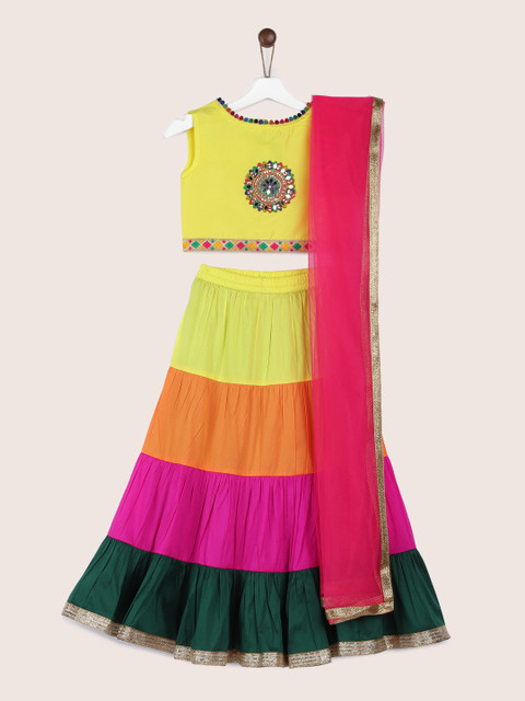 

YK Girls Yellow & Green Embellished Ready to Wear Lehenga & Blouse with Dupatta