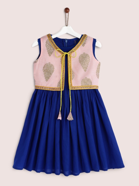

YK Girls Blue Cotton Kurta With Pink Gotta Patti Ethnic Jacket