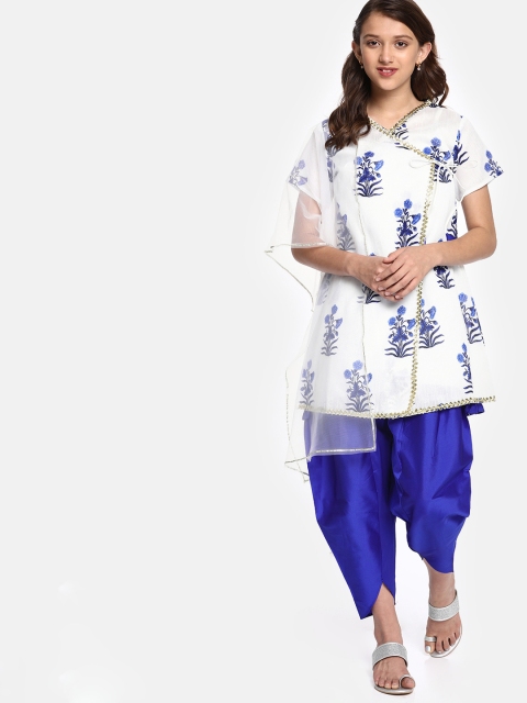 

YK Girls White & Blue Printed Layered Kurta Set With Dupatta