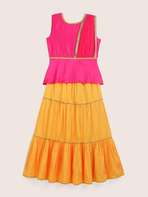 

YK Girls Pink & Yellow Solid Ready to Wear Lehenga & Blouse with Attached Dupatta