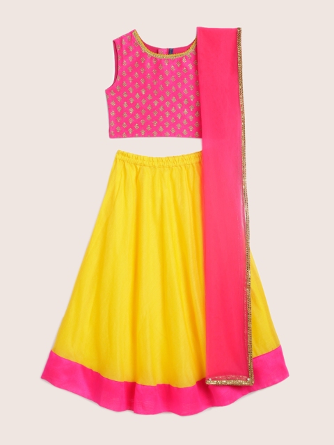 

YK Girls Pink & Yellow Printed Ready to Wear Lehenga & Blouse with Dupatta