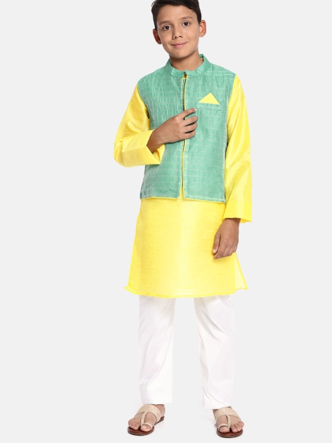 

YK Boys Yellow & White Solid Kurta Set with Sea Green Nehru Jacket