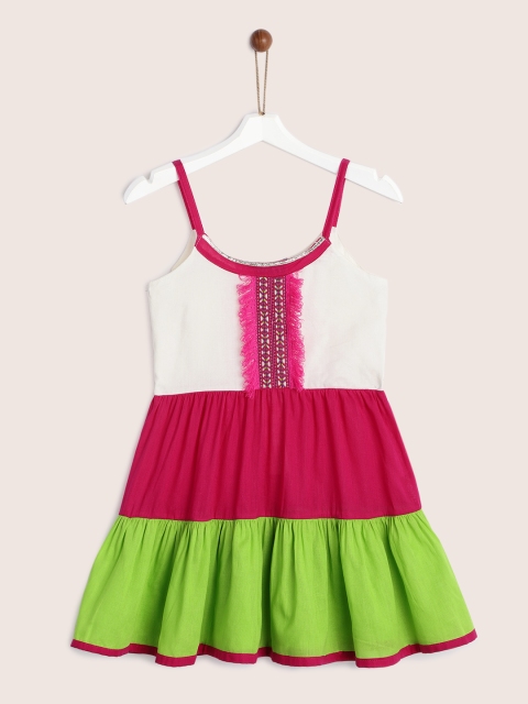

YK Girls Pink & Green Colourblocked Tiered A-Line Kurta