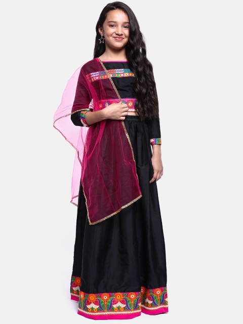 

YK Girls Black & Pink Embroidered Ready to Wear Lehenga & Blouse with Dupatta
