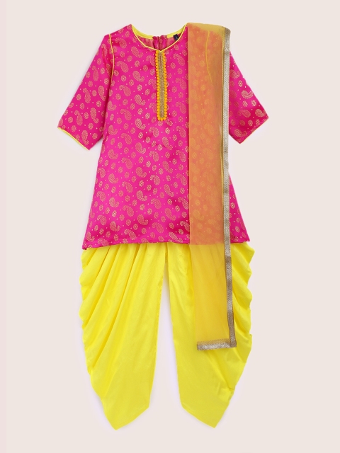 

YK Girls Pink & Yellow Printed Kurta with Patiala & Dupatta