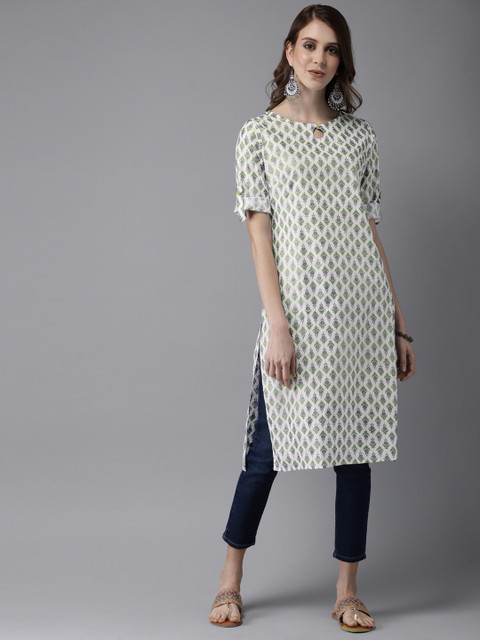 

Anouk Women White & Green Printed Straight Kurta