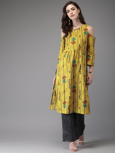 

Anouk Women Yellow & Red Cold-Shoulder Printed A-Line Kurta