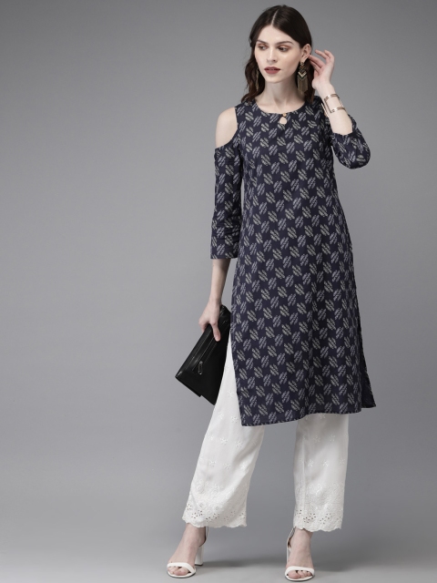 

Anouk Women Navy Blue Cold-Shoulder Printed Straight Kurta