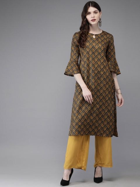 

Anouk Women Grey & Yellow Printed Straight Kurta