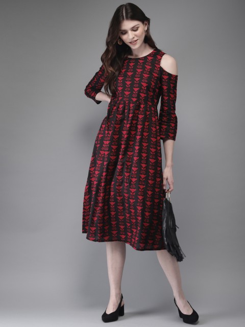 

Anouk Women Black & Red Cold-Shoulder Printed A-Line Kurta