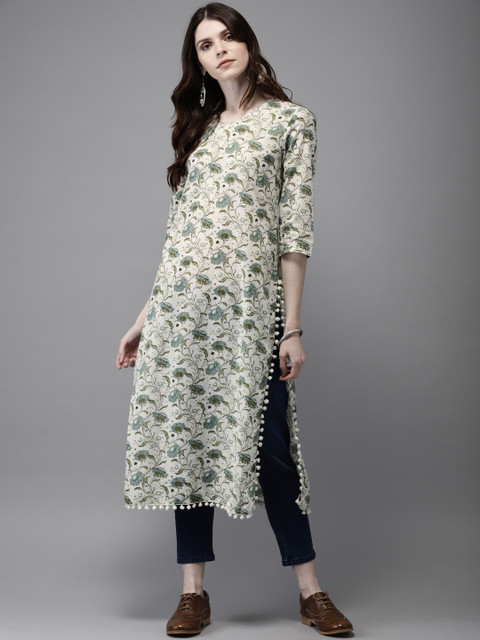 

Anouk Women Off-White & Green Floral print Straight Kurta