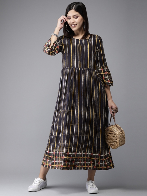 

Anouk Women Navy Blue & Yellow Striped A-Line Kurta