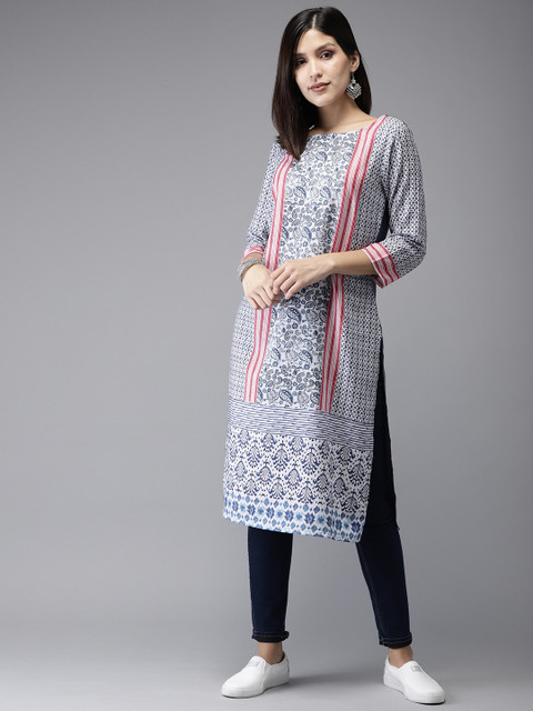 

Anouk Women Navy Blue & White Printed A-Line Kurta