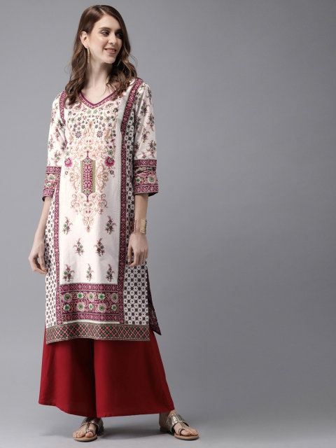 

Anouk Women White & Maroon Printed Straight Kurta