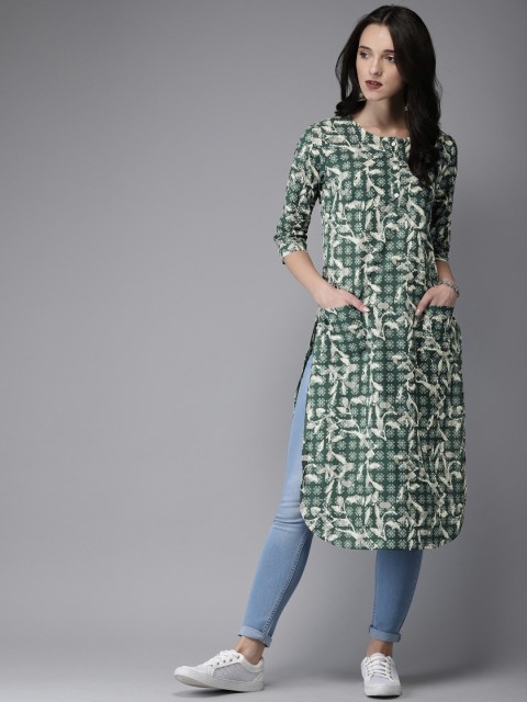 

Anouk Women Teal Green & White Printed Straight Kurta