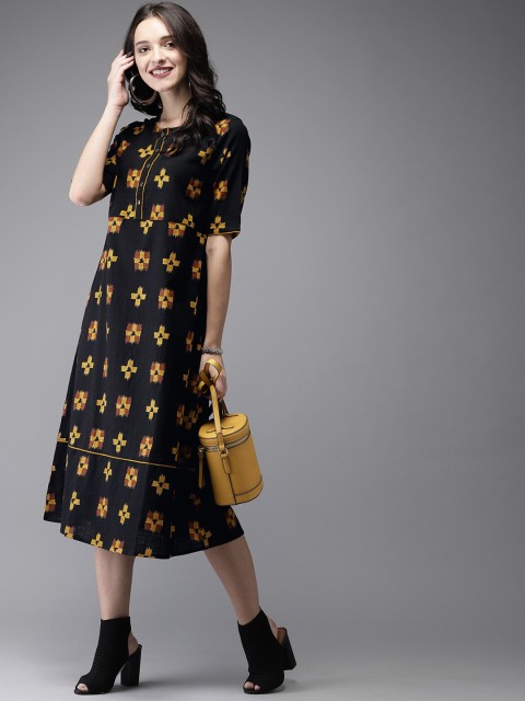 

Anouk Women Black & Mustard Yellow Printed A-Line Kurta