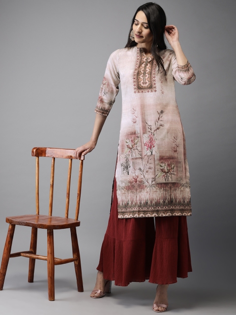 

Anouk Women Grey & Brown Floral Print Straight Kurta