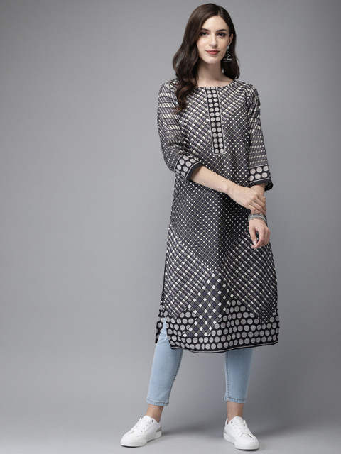 

Anouk Women Grey & Off-White Printed Straight Kurta