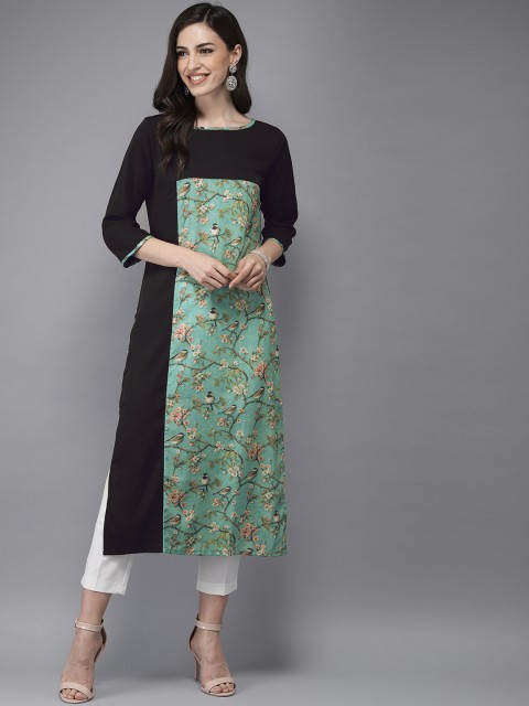 

Anouk Women Black & Turquoise Blue Floral Printed Straight Kurta
