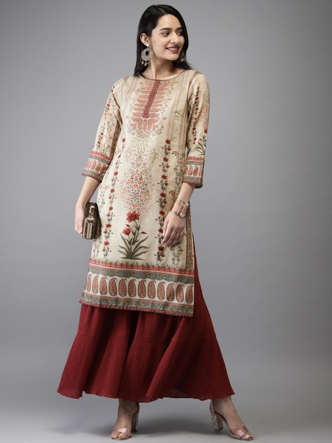 

Anouk Women Grey & Red Printed Straight Kurta