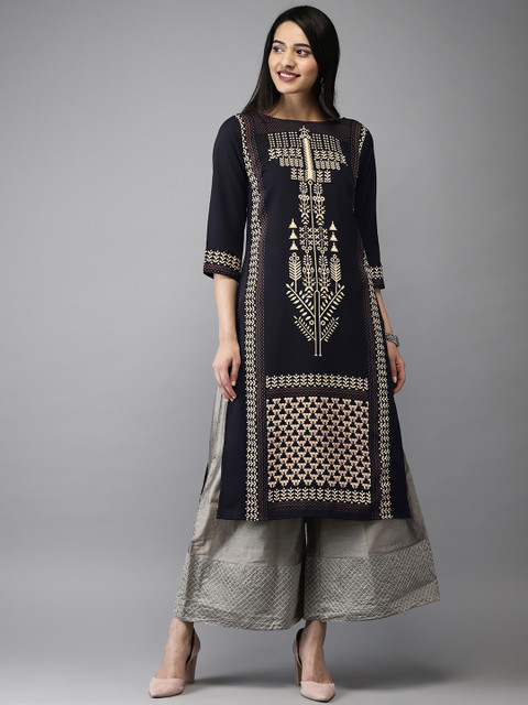 

Anouk Women Black & Off-White Printed Straight Kurta