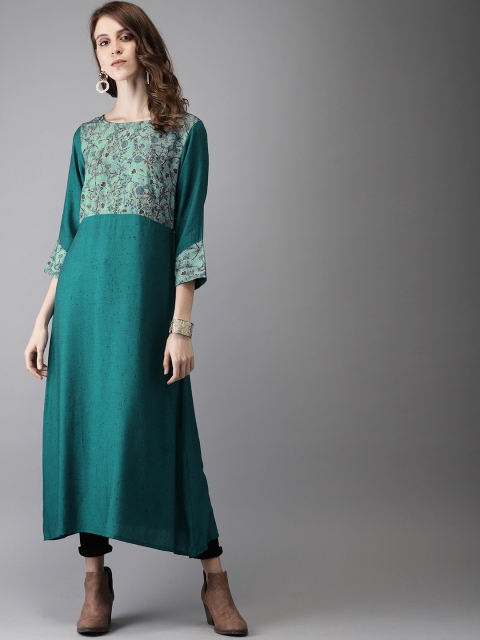 

Anouk Women Teal Blue Floral Print A-Line Kurta