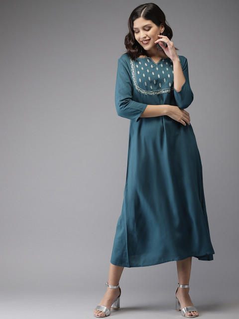 

Anouk Women Teal Green Yoke Design A-Line Kurta