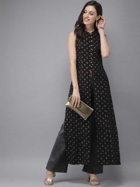 

Anouk Women Black & Golden Printed Fusion A-Line Kurta