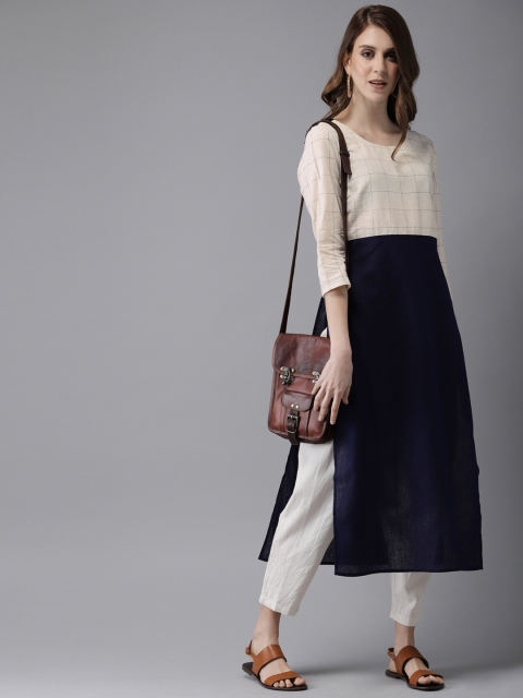 

Anouk Women Navy Blue & Beige Solid Straight Kurta