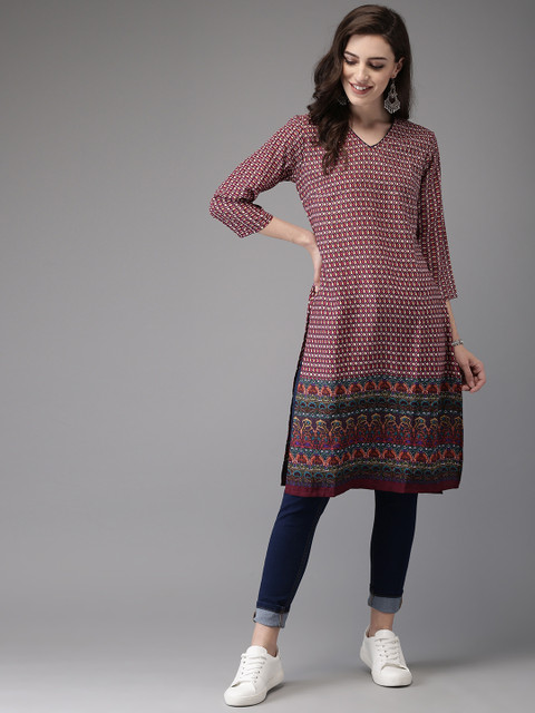 

Anouk Women Pink & Cream-Coloured Printed Straight Kurta